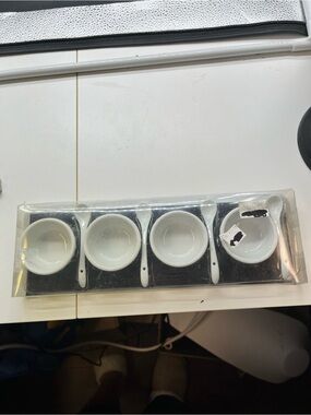 White Ceramic Salt Sellers with Spoons - Set of 4